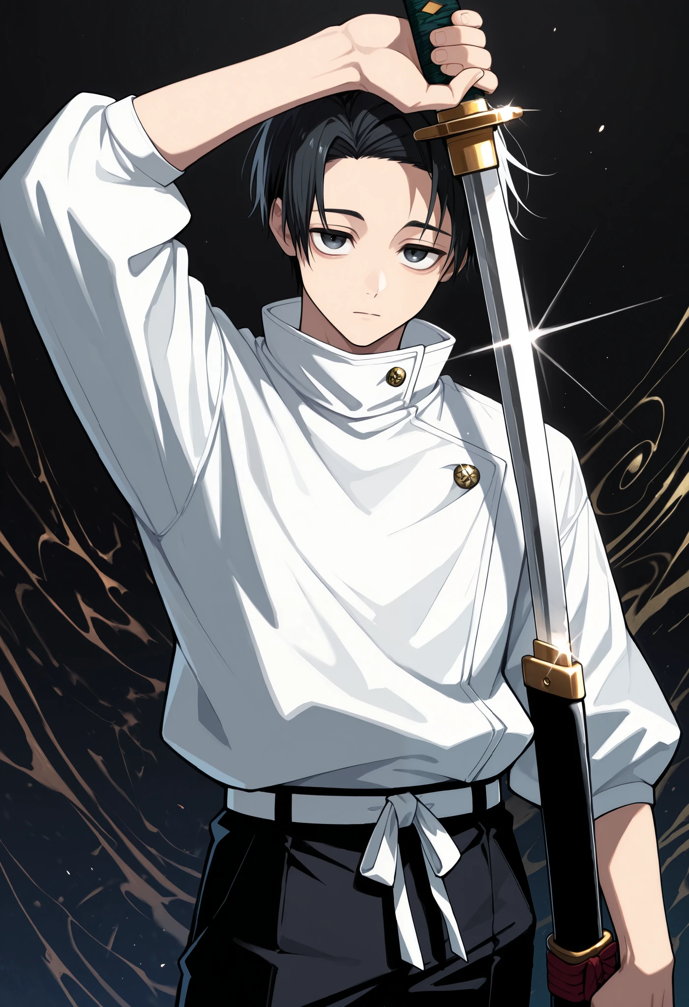 masterpiece, best quality, solo, male focus, 1boy, okk0tsu, glint, expressionless, looking at viewer, standing, arm up, unsheathing, holding sword, katana, arm at side, short hair, black hair, parted bangs, black eyes, jujutsu tech uniform, white jacket, high collar, sleeves past elbows, black pants, white belt, sheath, abstract background
