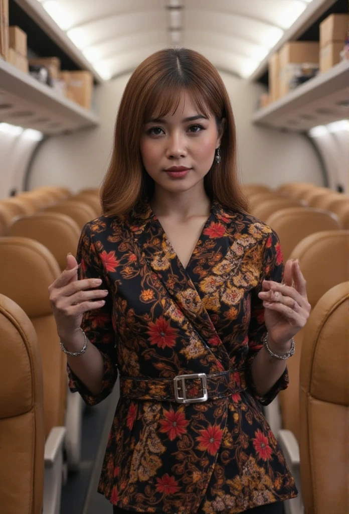 an beautiful Indonesian woman,  wearing flight attendant uniform, in the flight cabin, realistic photography. look at the viewer,