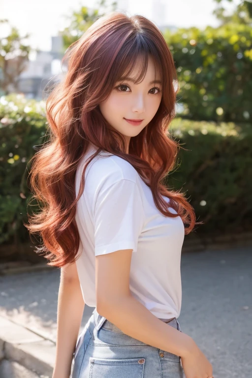 ((Top Quality, 8k, Masterpiece: 1.3)), 1 Girl, Smile, Slim Face, Pretty Woman, (Red Hair), Full-Length Dress: 1.1, Ultra Detailed Face, Detailed Eyes, Double Eyelids, Blurred Background, Slim Face, City, Outside, Street, Korean Woman, Curly Hair, Layer Cut, Long Hair