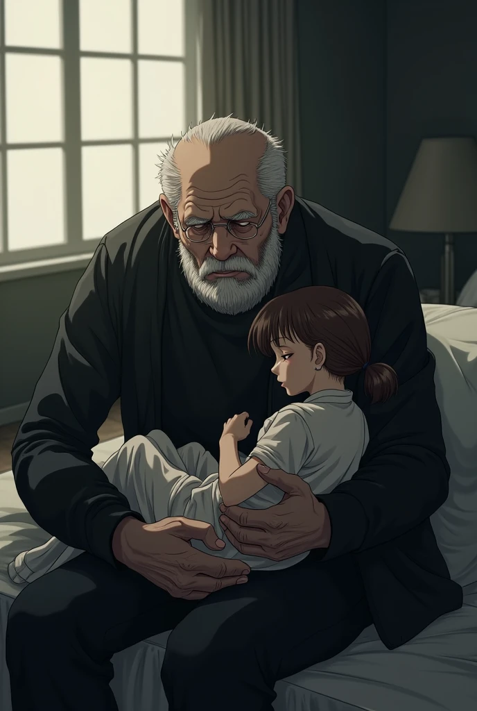 An 88-year-old grandmother lying on the bed in a simple room with no objects except the bed.  She is very old, with deeply wrinkled skin, and in her last hours of life.  Her 37-year-old grandson, with short wavy hair and a low beard, with brown skin, sits next to her, holding her hand, showing care and sadness.  The grandson is saying, 'I love you, grandma.'  The scene is solemn, with a sense of deep emotion."