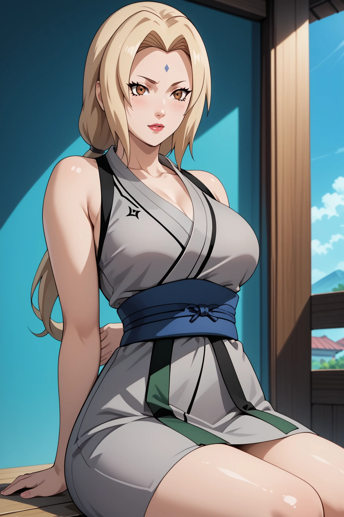 Masterpiece, extremely detailed,4k ,2D ultra graphic,anime ,solo,1girl ,stand up,tsunade,beauty face,large breasts ,grey kimono,sleeveless,sash,blue slimfit panta,body goals,slim body,slim models body,straddle,sit down,arms behind back,looking at viewers,front looks,plain white baground