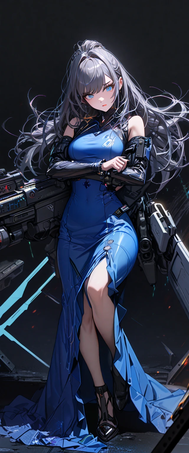 (cyber punk), (nikke), (top quality:1.2, masterpiece:1.4, EXQUISITE RENDERING:1.3), ((A girl carrying a weapon that looks like a feather on her back:1.2)), (Clear eyes,  glossy lips, pretty face), ((ARMS CONVERTED TO LASER CANNON:1.4)), (WITH LASER CANNON:1.4), ((Blue long dress:1.8)), (EXQUISITE PAINTED DRESS),   MECHANIZED ANIMATION MACHINE GUN FIRE,  A warring sniper girl, Soldier Girl,  FEMALE ACTION ANIMATION ANIMATION GIRL, Neon City,  POST APOCALYPSE ART,  androgynous,  mixed media,  blue legwear, Analog Horror, Nightmare Fuel,  seductively beautiful,  Beautiful and Evil,  ((Fighting Pose:1.5)), (full body photo:1.2)、((black background:1.6)),