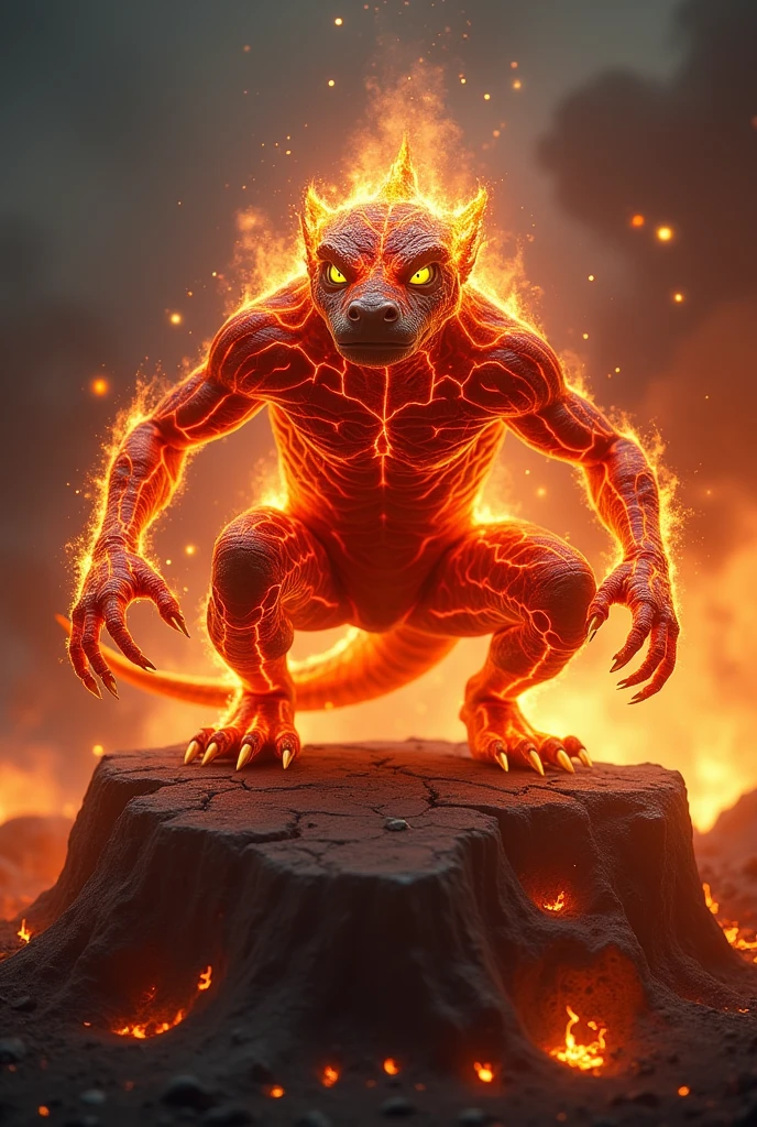 illustration style art, inside of a volcanic cavern, [lizard body:(mouse face:1.15)] fire creature standing on a lava pit and flexing muscles, highly detailed, concept art, smooth, sharp focus, illustration, art by Carney Griffiths and Vadim Kashin