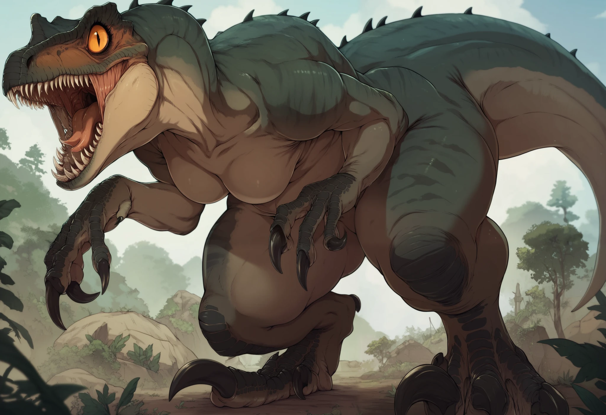 Furryfemale. Female kemo style. Dinosaur woman. Velociraptor. Big eyes. Fangs. Grin. Thick legs. Sharp claws. Wilderness.