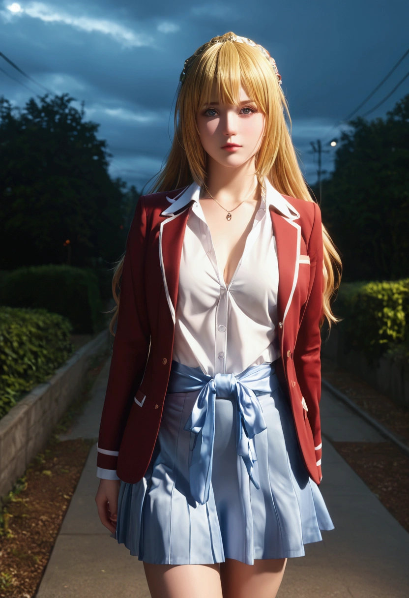 bmasterpiece、top-quality、hight resolution)、 Real life adaption for this character, Masterpiece, high quality, best lighting, cinematic, 1girl, Kei Karuizawa, blonde hair, (perfect body), A red blazer, light blue dress shirt, short white skirt, light blue calf-length socks, and a blue ribbon around her collar. In more casual settings, she may wrap the blazer around her waist and roll up the sleeves of her dress shirt looking at viewer, standing, outdoors