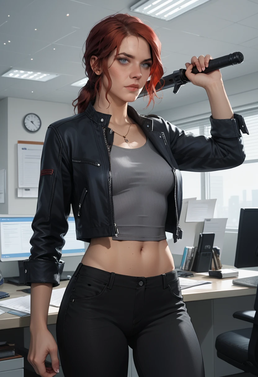 Score_9, score_8_up, score_7_up, source_real, realistic, photorealistic, 1girl, (Courtney Hope), (Jesse Faden) from "CONTROL", bright blue eyes, red hair, in low loose ponytail, fitted 3/4 cropped black jacket, tight grey shirt, erect nipples, skin-tight black pants, holding, "Service Weapon", facing viewer, (dynamic action poses), (interior of vintage office:1.3), (white brutalist architecture), ultra-detailed, highly detailed, J3sse