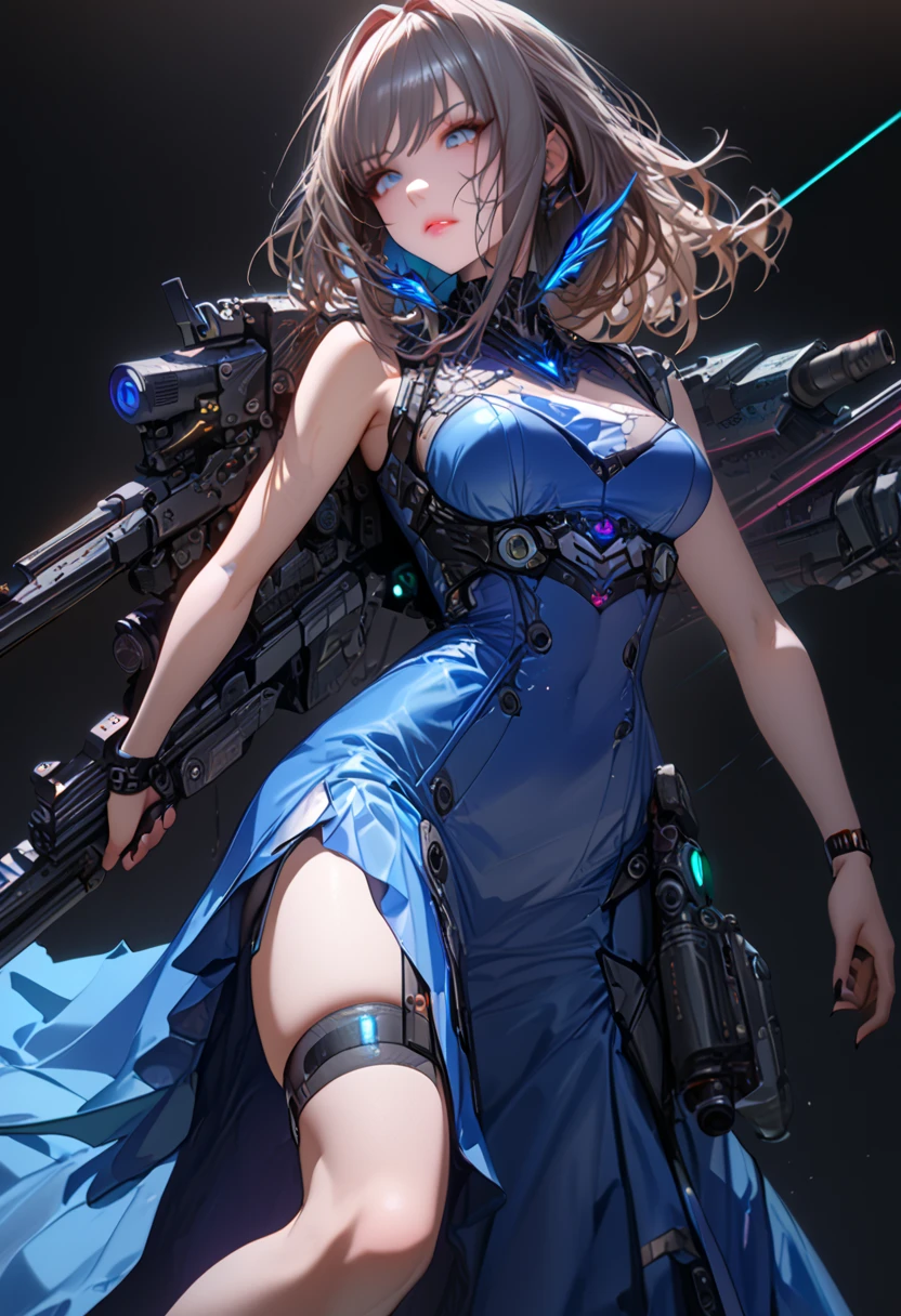 (cyber punk), (nikke), (top quality:1.2, masterpiece:1.4, EXQUISITE RENDERING:1.3), ((A girl carrying a weapon that looks like a feather on her back:1.2)), (Clear eyes,  glossy lips, pretty face), ((ARMS CONVERTED TO LASER CANNON:1.4)), (WITH LASER CANNON:1.4), ((Blue long dress:1.8)), (EXQUISITE PAINTED DRESS),   MECHANIZED ANIMATION MACHINE GUN FIRE,  A warring sniper girl, Soldier Girl,  FEMALE ACTION ANIMATION ANIMATION GIRL, Neon City,  POST APOCALYPSE ART,  androgynous,  mixed media,  blue legwear, Analog Horror, Nightmare Fuel,  seductively beautiful,  Beautiful and Evil,  ((Fighting Pose:1.5)), (full body photo:1.2)、((black background:1.6)),