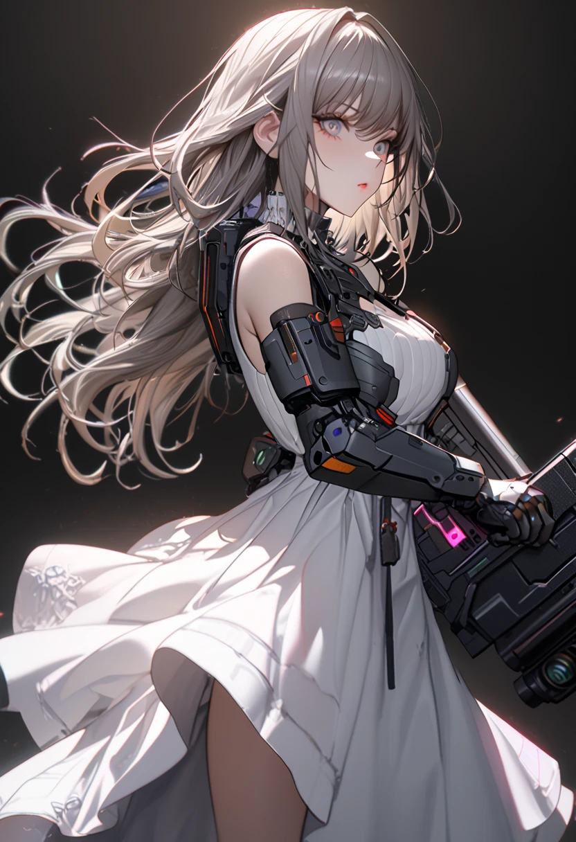 (cyber punk), (nikke), (top quality:1.2, masterpiece:1.4, EXQUISITE RENDERING:1.3), ((A girl carrying a weapon that looks like a feather on her back:1.2)), (Clear eyes,  glossy lips, pretty face), ((ARMS CONVERTED TO LASER CANNON:1.4)), (WITH LASER CANNON:1.4), ((White long dress:1.8)), (EXQUISITE PAINTED DRESS),   MECHANIZED ANIMATION MACHINE GUN FIRE,  A warring sniper girl, Soldier Girl,  FEMALE ACTION ANIMATION ANIMATION GIRL, Neon City,  POST APOCALYPSE ART,  androgynous,  mixed media,  blue legwear, Analog Horror, Nightmare Fuel,  seductively beautiful,  Beautiful and Evil,  ((Fighting Pose:1.5)), (full body photo:1.2)、((black background:1.6)),