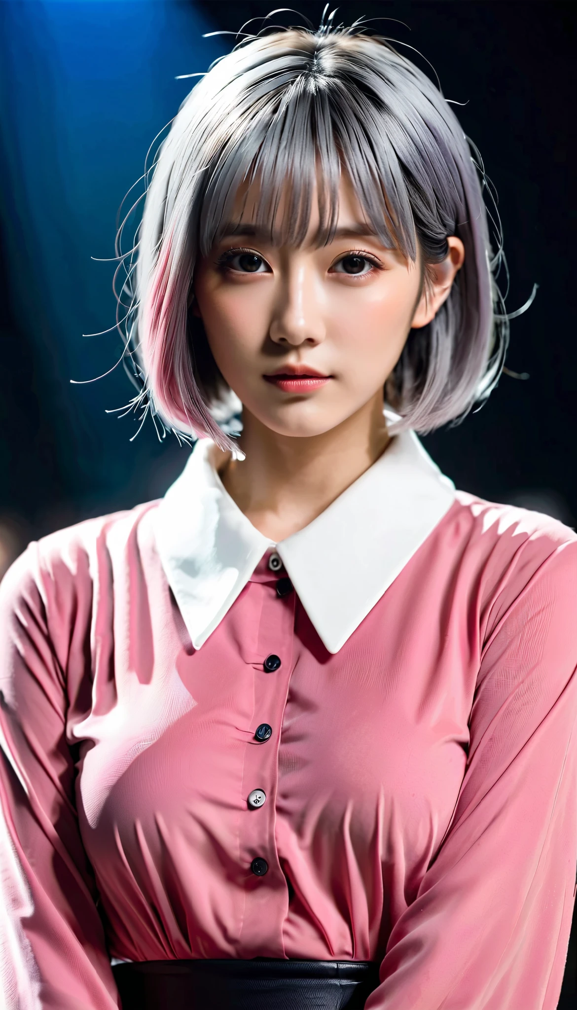 whole body、よりGenuine、Genuine、live-actionの.8k, real、live-action,{{{masterpiece}}}, {{{ top quality}}}, {{ ultra detail }}, {beautiful detailed eye}, 1 girl, Alone, ((Gray Hair)),(bangs), angle from above、 pink inner color hair、 looks up, girl ,Midea,eye、 dynamic angle 、Pink long sleeve shirt、、Gray Hair、pink tips、Alone、 short hair、白い short hair、 song、Idol、 short hair、 short hair 、 bob hair、 stageに立ち song、白く short hair 、Pink hair with pink tips 、 short hairー、 long sleeve pink shirt with white collar、 pretty girl、Detailed eye、 Shirogane Noel、、 stage、 black skirt、,Alone、 1 girl 、 Light Shines In 、Beautiful Shadows、Alone、singer