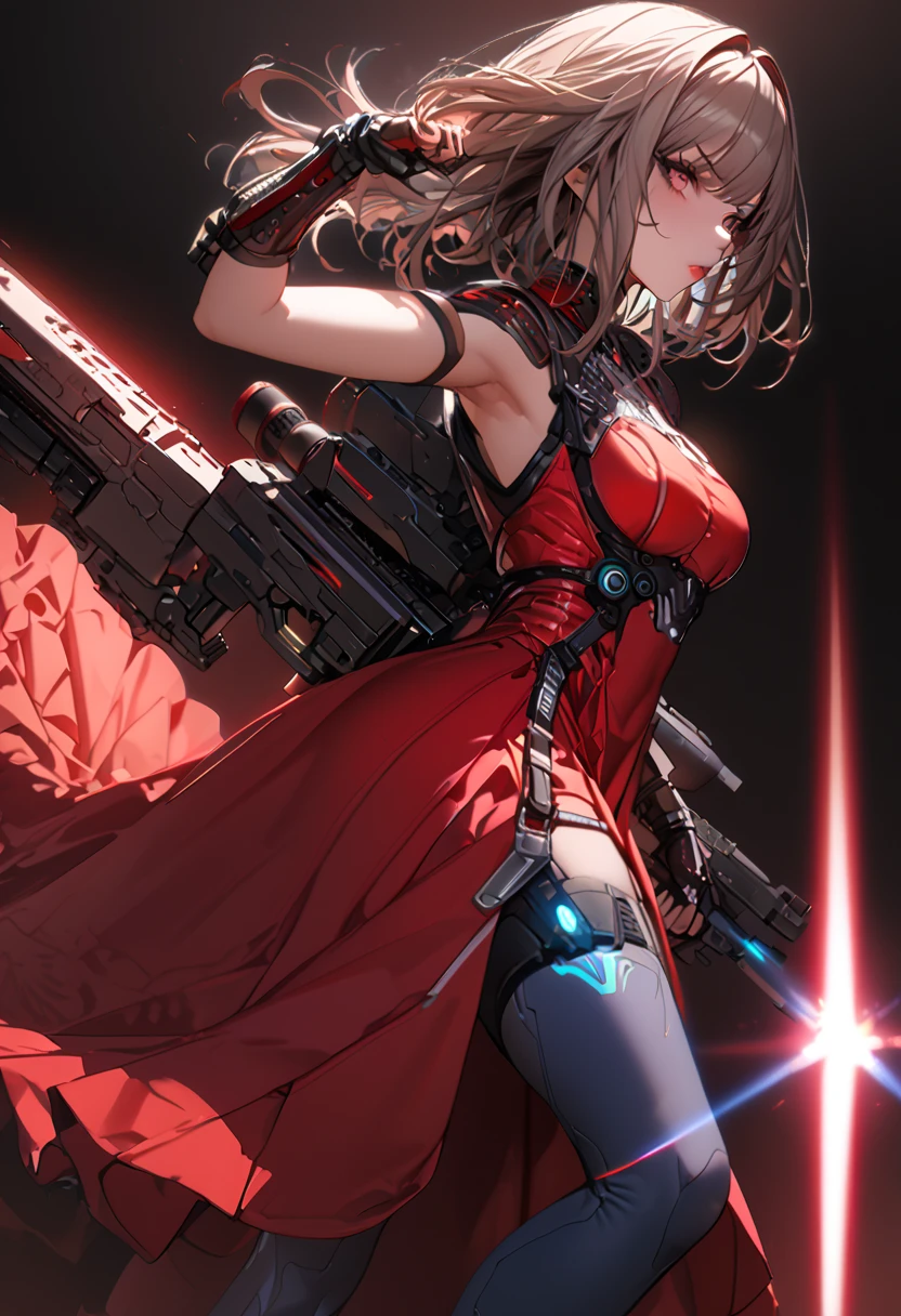 (cyber punk), (nikke), (top quality:1.2, masterpiece:1.4, EXQUISITE RENDERING:1.3), ((A girl carrying a weapon that looks like a feather on her back:1.2)), (Clear eyes,  glossy lips, pretty face), ((ARMS CONVERTED TO LASER CANNON:1.4)), (WITH LASER CANNON:1.4), ((RED long dress:1.8)), (EXQUISITE PAINTED DRESS),   MECHANIZED ANIMATION MACHINE GUN FIRE,  A warring sniper girl, Soldier Girl,  FEMALE ACTION ANIMATION ANIMATION GIRL, Neon City,  POST APOCALYPSE ART,  androgynous,  mixed media,  blue legwear, Analog Horror, Nightmare Fuel,  seductively beautiful,  Beautiful and Evil,  ((Fighting Pose:1.5)), (full body photo:1.2)、((black background:1.6)),