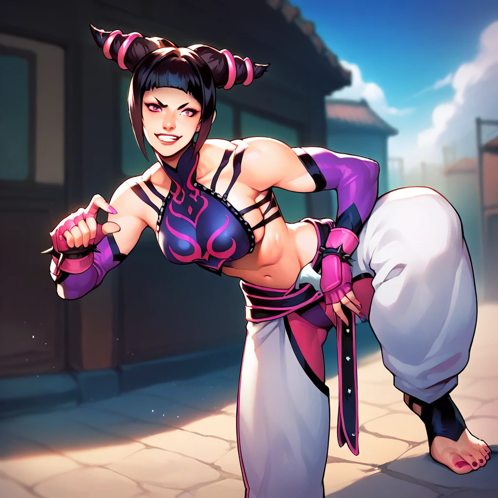 jurihan, 1girl, han juri, fingerless gloves, toeless legwear, hair horns, black hair, navel, nail polish, breasts, chinese clothes, halterneck, baggy pants, midriff, belt, blunt bangs, purple eyes, spikes, dudou, spiked bracelet, detached sleeves, bare shoulders, toned, standing, cowboy shot score_9, score_8_up, score_7_up, score_6_up, source_cartoon, AdamHughesStyle,