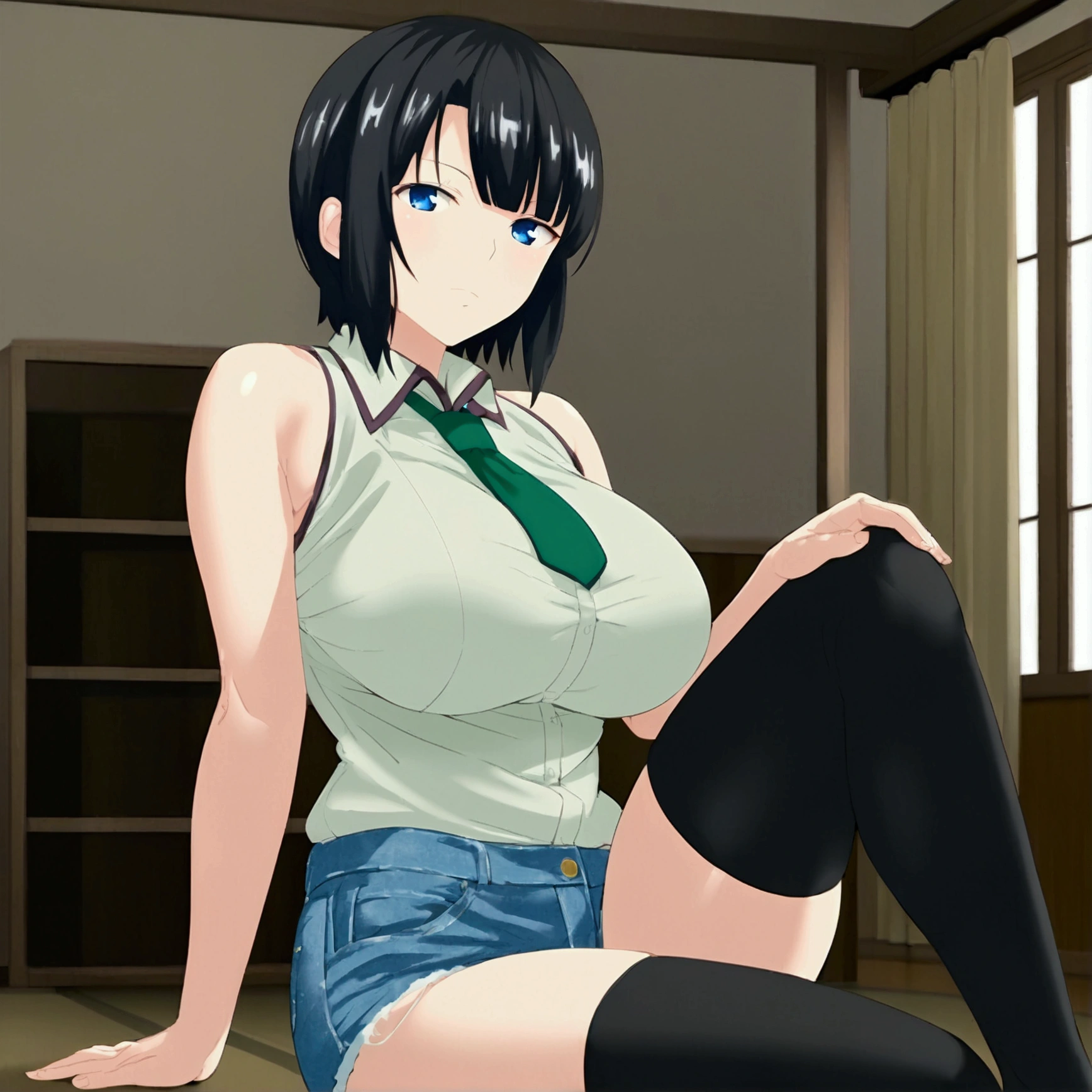 KanakoYoshino,1girl,black hair,short hair,blue eyes, collared_shirt,sleeveless,green tie, denim shorts, black_thighhighs, Big Breasts, Sit, Room, Displeased face, Beautiful view, good atmosphere