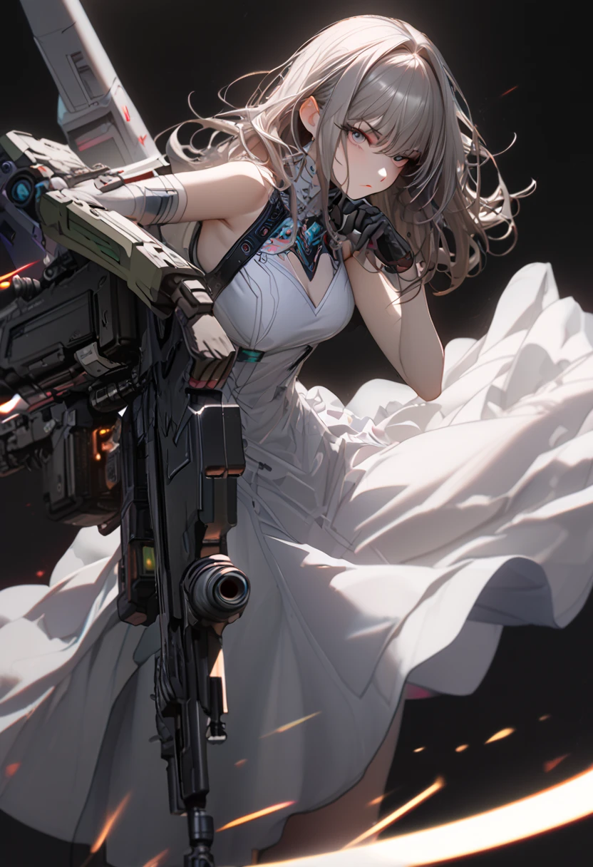 (cyber punk), (nikke), (top quality:1.2, masterpiece:1.4, EXQUISITE RENDERING:1.3), ((A girl carrying a weapon that looks like a feather on her back:1.2)), (Clear eyes,  glossy lips, pretty face), ((ARMS CONVERTED TO LASER CANNON:1.4)), (WITH LASER CANNON:1.4), ((White long dress:1.8)), (EXQUISITE PAINTED DRESS),   MECHANIZED ANIMATION MACHINE GUN FIRE,  A warring sniper girl, Soldier Girl,  FEMALE ACTION ANIMATION ANIMATION GIRL, Neon City,  POST APOCALYPSE ART,  androgynous,  mixed media,  blue legwear, Analog Horror, Nightmare Fuel,  seductively beautiful,  Beautiful and Evil,  ((Fighting Pose:1.5)), (full body photo:1.2)、((black background:1.6)),