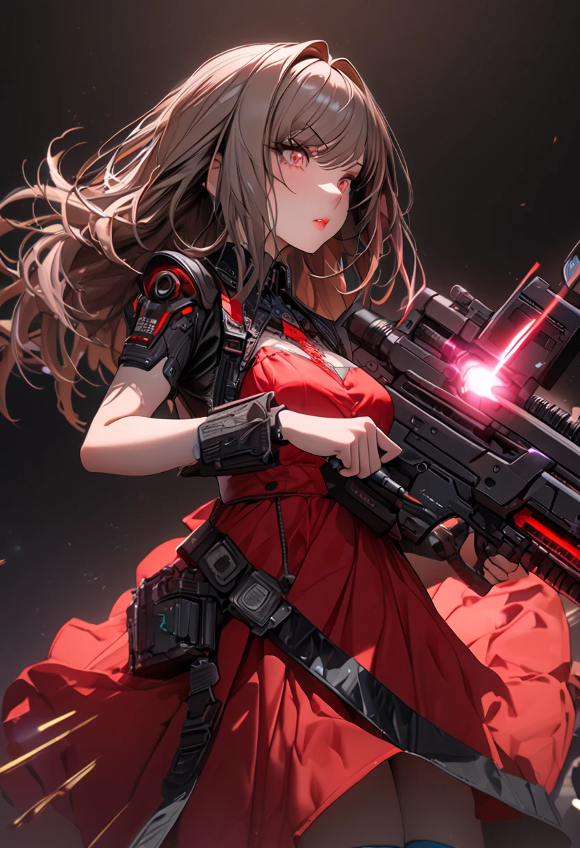 (cyber punk), (nikke), (top quality:1.2, masterpiece:1.4, EXQUISITE RENDERING:1.3), ((A girl carrying a weapon that looks like a feather on her back:1.2)), (Clear eyes,  glossy lips, pretty face), ((ARMS CONVERTED TO LASER CANNON:1.4)), (WITH LASER CANNON:1.4), ((RED long dress:1.8)), (EXQUISITE PAINTED DRESS),   MECHANIZED ANIMATION MACHINE GUN FIRE,  A warring sniper girl, Soldier Girl,  FEMALE ACTION ANIMATION ANIMATION GIRL, Neon City,  POST APOCALYPSE ART,  androgynous,  mixed media,  blue legwear, Analog Horror, Nightmare Fuel,  seductively beautiful,  Beautiful and Evil,  ((Fighting Pose:1.5)), (full body photo:1.2)、((black background:1.6)),