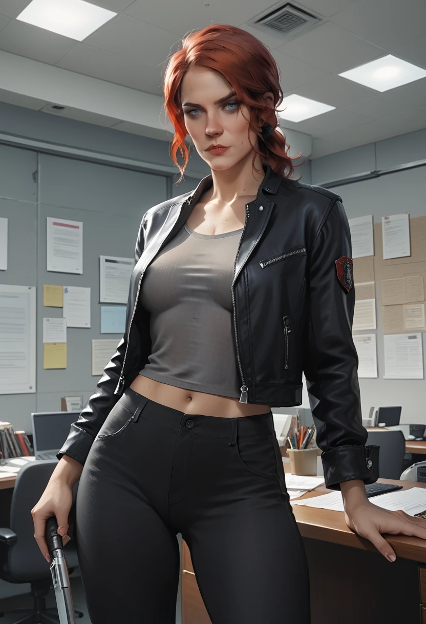 Score_9, score_8_up, score_7_up, source_real, realistic, photorealistic, 1girl, (Courtney Hope), (Jesse Faden) from "CONTROL", bright blue eyes, red hair, in low loose ponytail, fitted 3/4 cropped black jacket, tight grey shirt, erect nipples, skin-tight black pants, holding, "Service Weapon", facing viewer, (dynamic action poses), (interior of vintage office:1.3), (white brutalist architecture), ultra-detailed, highly detailed, J3sse