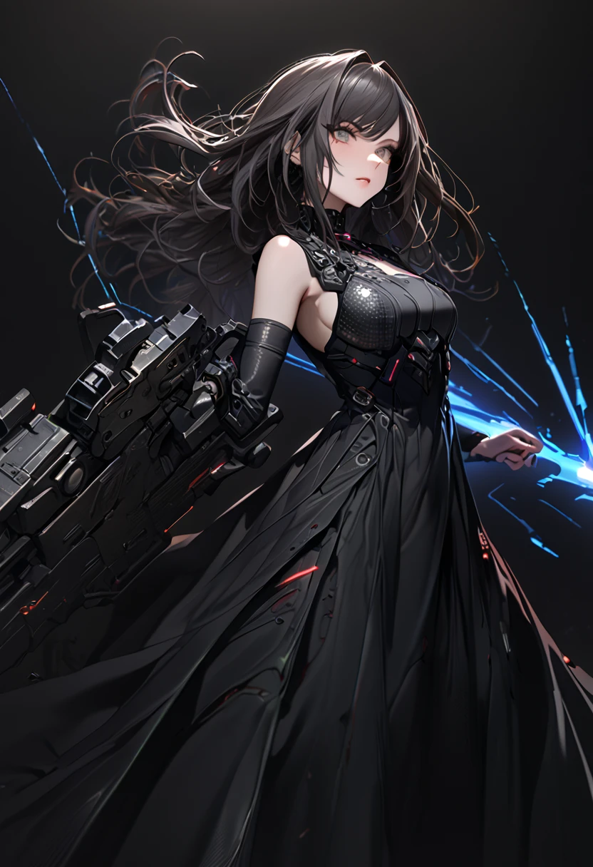 (cyber punk), (nikke), (top quality:1.2, masterpiece:1.4, EXQUISITE RENDERING:1.3), ((A girl carrying a weapon that looks like a feather on her back:1.2)), (Clear eyes,  glossy lips, pretty face), ((ARMS CONVERTED TO LASER CANNON:1.4)), (WITH LASER CANNON:1.4), ((black long dress:1.8)), (EXQUISITE PAINTED DRESS),   MECHANIZED ANIMATION MACHINE GUN FIRE,  A warring sniper girl, Soldier Girl,  FEMALE ACTION ANIMATION ANIMATION GIRL, Neon City,  POST APOCALYPSE ART,  androgynous,  mixed media,  blue legwear, Analog Horror, Nightmare Fuel,  seductively beautiful,  Beautiful and Evil,  ((Fighting Pose:1.5)), (full body photo:1.2)、((black background:1.6)),