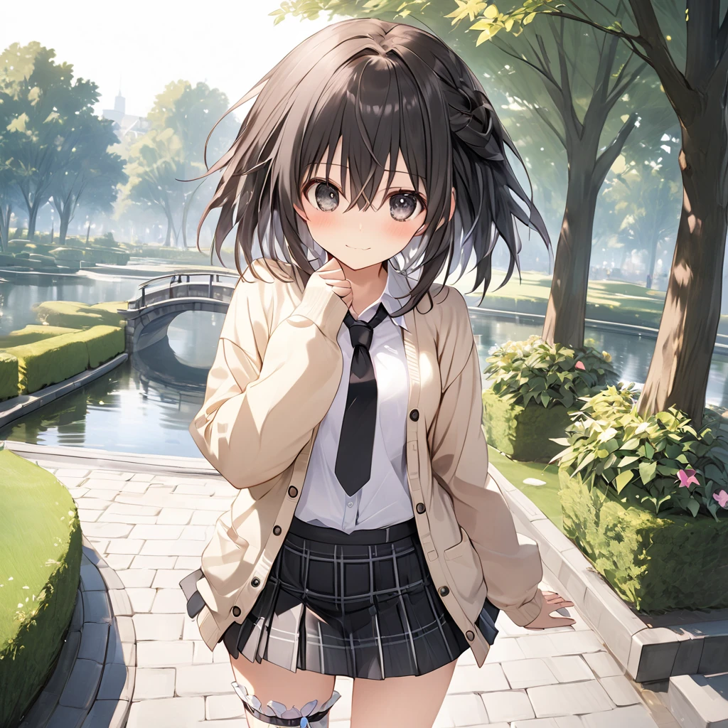 ( 1 girl),IF \(Neptunia )\, black hair, black eyes, embarrassed face、blush、short hair, (long sidelocks:1.5), ( small tits:1.5),(closed beige cardigan:1.5)、(Regular black tie :1.5)、( black plaid mini skirt:1.5),(Thighs:1.5),(bridal garter:1.５),(Flying Pose:1.5),Park Walkway、In front of the pond:1.5、front、 Cowboy Shot 、( perfect anatomy ),( best quality), ( ultra hi-res), (超 high definition ), ( Highly Detailed CG), (32K), (masterpiece)、eyesHD