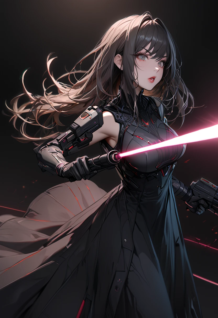 (cyber punk), (nikke), (top quality:1.2, masterpiece:1.4, EXQUISITE RENDERING:1.3), ((A girl carrying a weapon that looks like a feather on her back:1.2)), (Clear eyes,  glossy lips, pretty face), ((ARMS CONVERTED TO LASER CANNON:1.4)), (WITH LASER CANNON:1.4), ((black long dress:1.8)), (EXQUISITE PAINTED DRESS),   MECHANIZED ANIMATION MACHINE GUN FIRE,  A warring sniper girl, Soldier Girl,  FEMALE ACTION ANIMATION ANIMATION GIRL, Neon City,  POST APOCALYPSE ART,  androgynous,  mixed media,  blue legwear, Analog Horror, Nightmare Fuel,  seductively beautiful,  Beautiful and Evil,  ((Fighting Pose:1.5)), (full body photo:1.2)、((black background:1.6)),