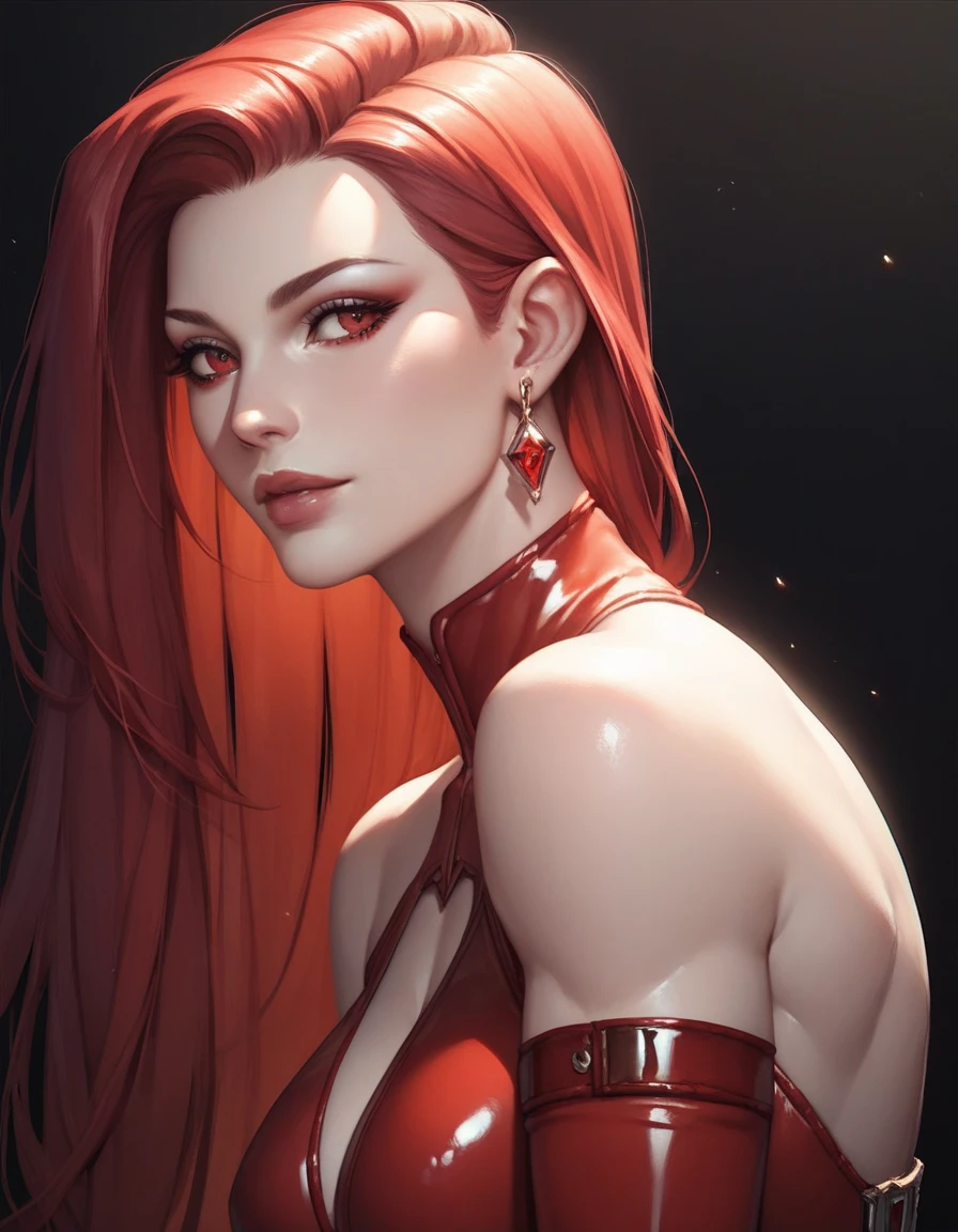 portrait shot, ((blood vivid red hair)), mature woman, 30 years old, diamond face, moonlight, red starry sky background, depth of field, magic, big red lips, ((dark black eyes)) black and red long and full dress, covered chest, mystical atmosphere, ominous shadows, Intense blue aura, Intense red aura (best quality:1.2), absurdres, intricate details, (highly detailed skin:1.2), smile expression, posing, taut and well defined body, attractive. Highly realistic, pale skin, beautiful, hyperrealism, skin very elaborated, direct gaze