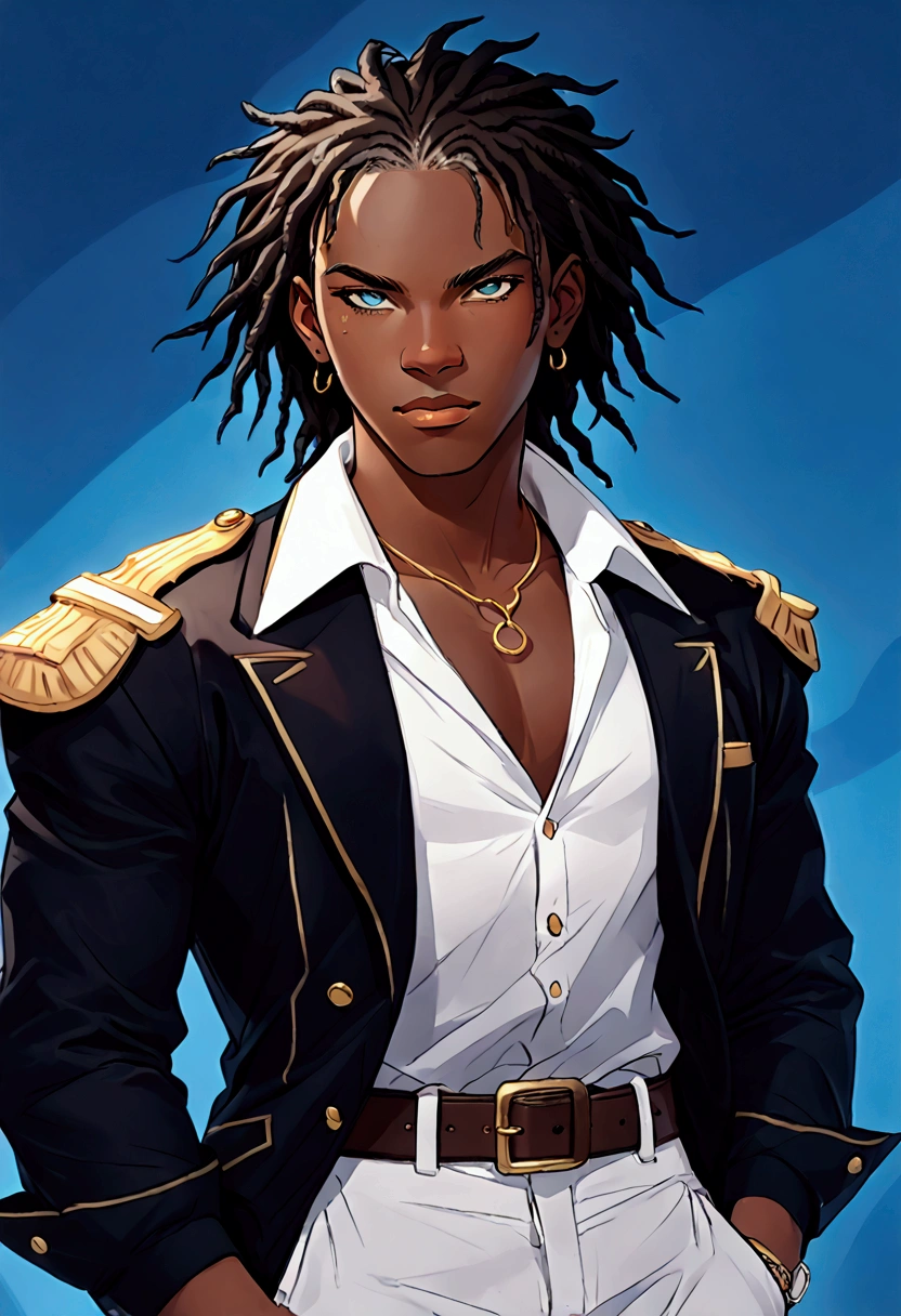 masterpiece, best quality, (extremely detailed CG unity 8k wallpaper), (best quality), (best illustration), (best shadow), Dark skinned young man with blue eyes and a black jacket, light blue dreadlocks, dreadlock style hair, in an anime style, colored sketch, unrealistic character concept, character concept portrait of me, detailed character portrait, anime style character, anime style portrait, a character portrait, cel - shaded art style, His attire consists of a black, unbuttoned blazer with gold colored buttons on the front of the blazer and on the bottom of his sleeves and he wears a white v-neck shirt, white pants, a large black belt with a gold buckle, a smaller black belt that hangs loose on the side of his hip, and has on tan shoes with black buckles, inspired by King of Fighters