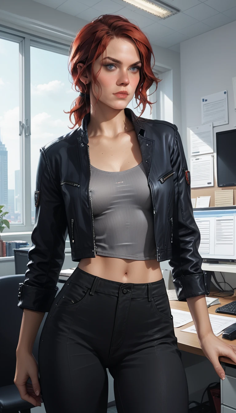 Score_9, score_8_up, score_7_up, source_real, realistic, photorealistic, 1girl, (Courtney Hope), (Jesse Faden) from "CONTROL", bright blue eyes, red hair, in low loose ponytail, fitted 3/4 cropped black jacket, tight grey shirt, erect nipples, skin-tight black pants, holding, "Service Weapon", facing viewer, (dynamic action poses), (interior of vintage office:1.3), (white brutalist architecture), ultra-detailed, highly detailed, J3sse