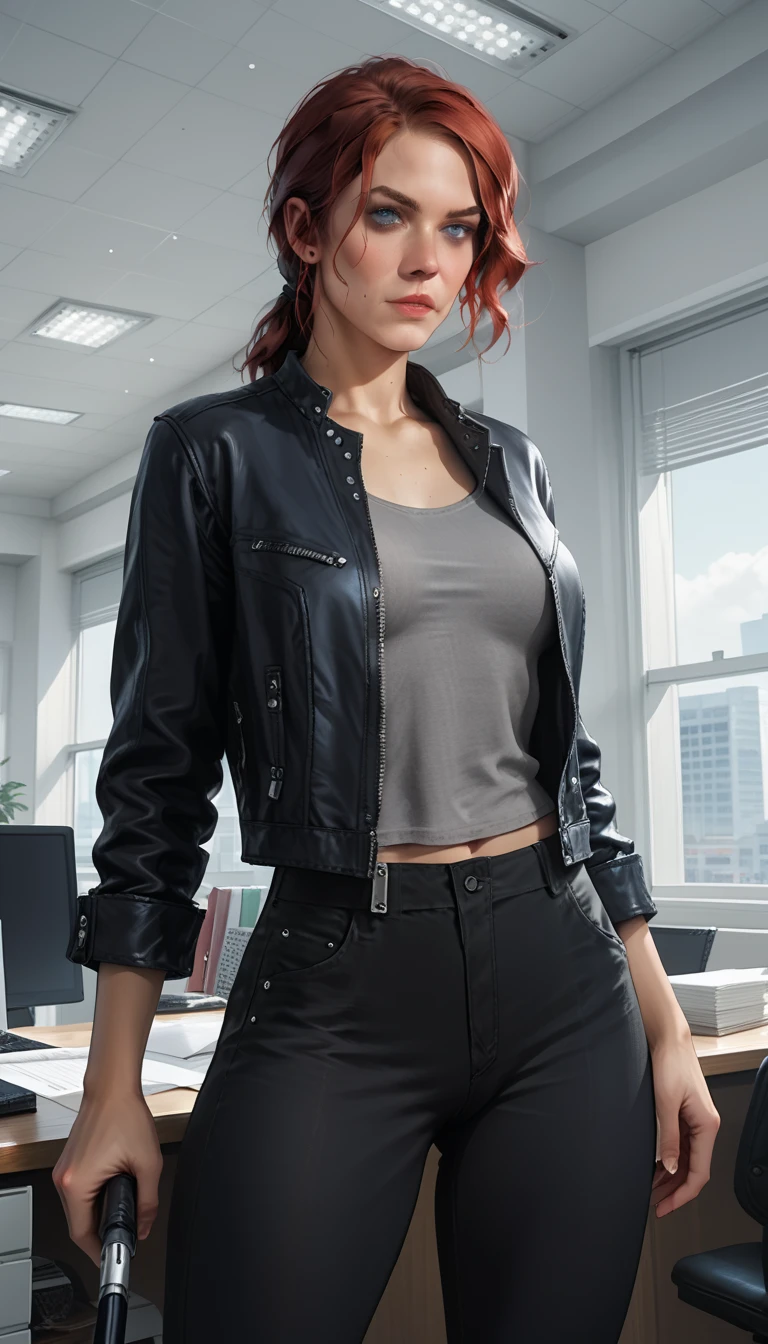 Score_9, score_8_up, score_7_up, source_real, realistic, photorealistic, 1girl, (Courtney Hope), (Jesse Faden) from "CONTROL", bright blue eyes, red hair, in low loose ponytail, fitted 3/4 cropped black jacket, tight grey shirt, erect nipples, skin-tight black pants, holding, "Service Weapon", facing viewer, (dynamic action poses), (interior of vintage office:1.3), (white brutalist architecture), ultra-detailed, highly detailed, J3sse