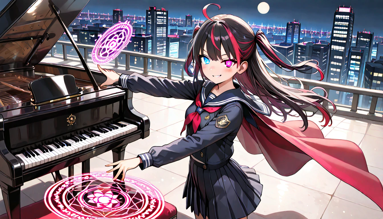 ((top quality)),((masterpiece)),((perfect face)),(ultra-detailed),ultra high res, 8k, 1girl, solo, streaked hair, glowing eyes, magic circle, heterochromia, posing, standing, spotlight, rooftop, smug smile, dynamic angle, school uniform, night city, cape, grand piano, playing piano, anime style, exquisite, (very aesthetic:1.2), (absurdres:1.2), (detailed background),newest, perfect anatomy,