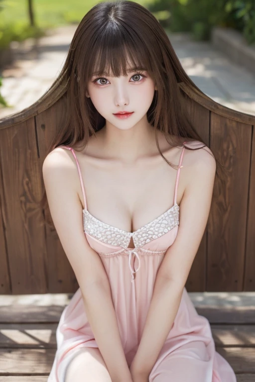 masterpiece,  top quality,  One Girl , ( beautiful girl:1.3), (:1.2),  the definition of very sensitive eyes, ( symmetrical eyes:1.3), nsfw, (cute crystal clear summer dresses:1.3),  Beautiful breasts ,  brown eyes,  split bang, Brown Hair, Upper teeth、Background Outdoor,Super long hair, whole body