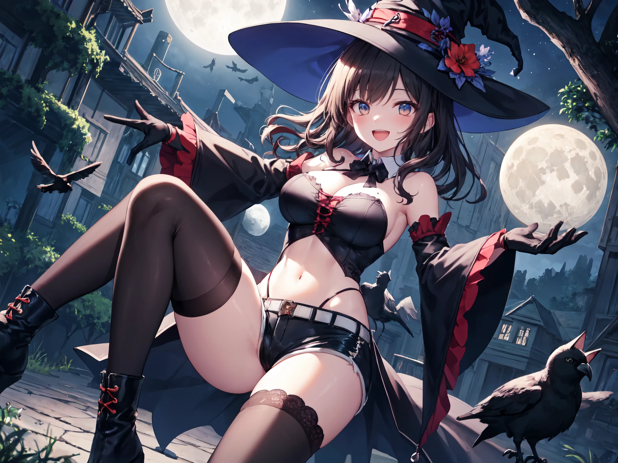 Realistic and detailed image of an elf. dressed as a witch in a mini-skirt. Unusually shiny long silky black hair. turquoise eyes. She has earrings and long eyelashes. She has full lips. Large breasts, slim waist, very wide hips and thick thighs. Smiling. Arched back. Flying. Day of the Dead Festival. Dark environment. Starry night.