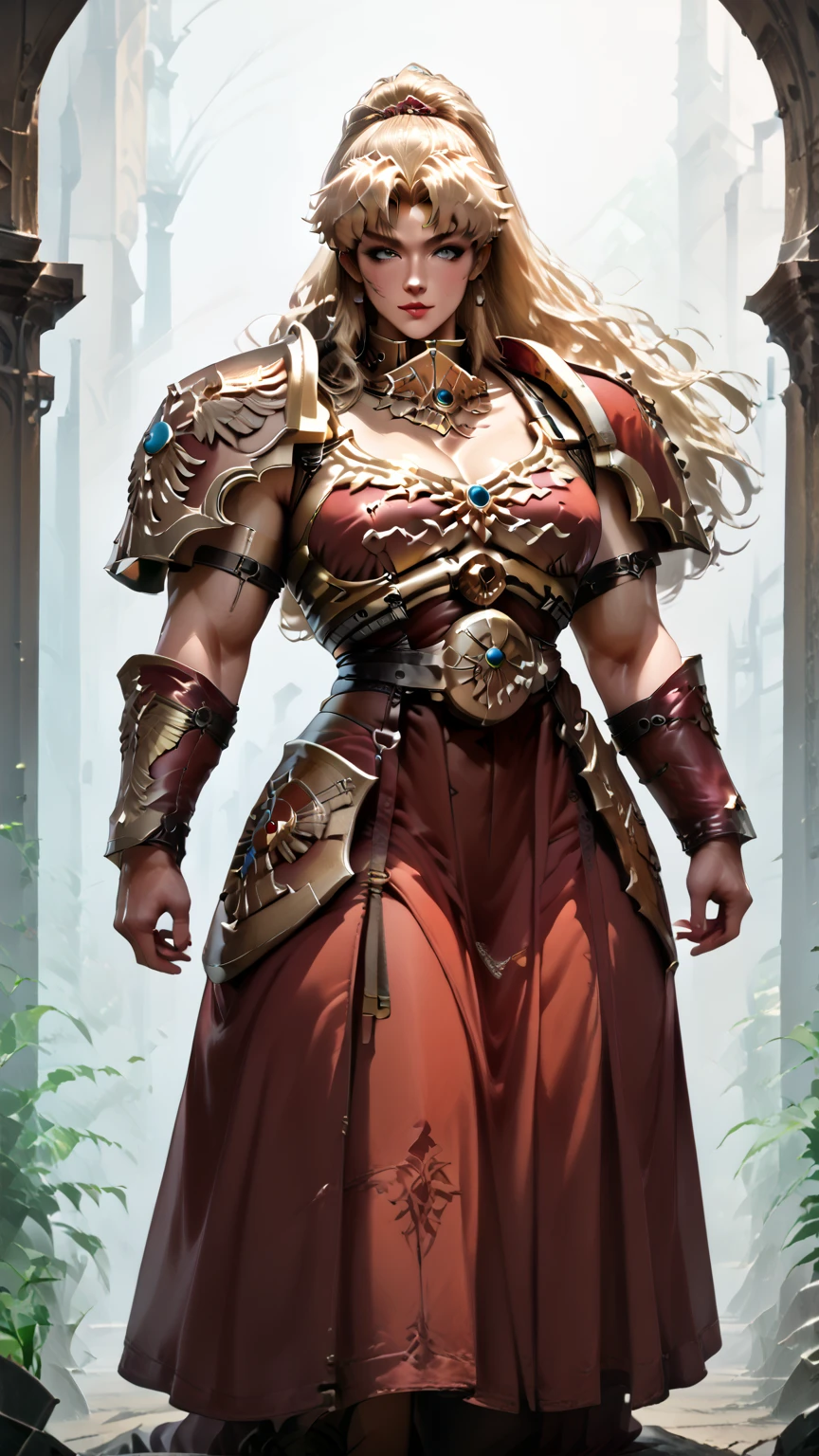 slimes_balalaika ,scar ,blonde hair, Female Adeptus custodes, adeptus custodes, golden armor, wh40k, red cape, winged armor, gold armor, large and strong build, muscular bae, 