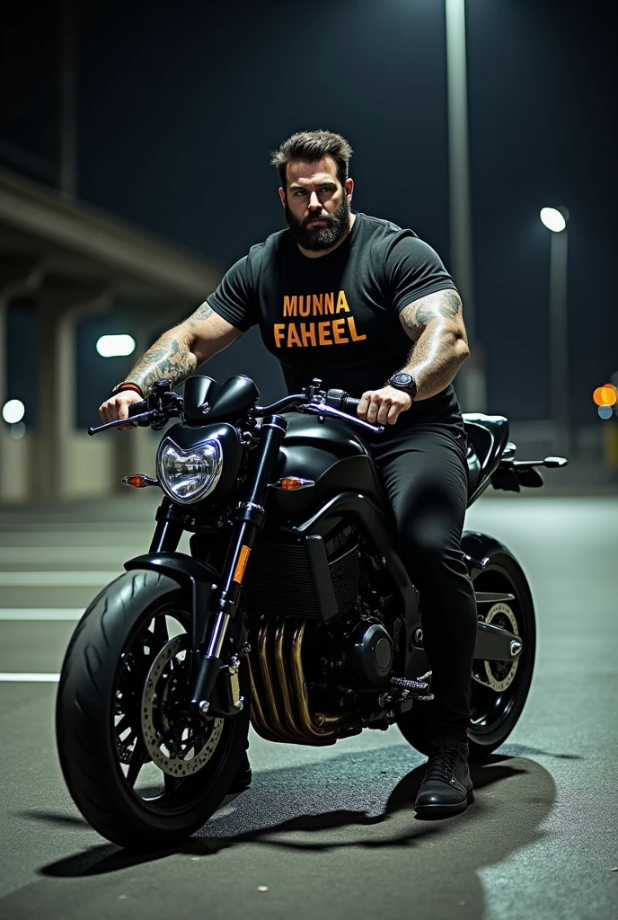 A man with a mustache and beard in a World War II soldier's hairstyle wearing sunglasses, wearing a black t-shirt, written MV in large gold color, wearing army green cargo pants and black off the wall vans shoes, he poses sitting on a classic bmw motorbike, while smoking a cigarette