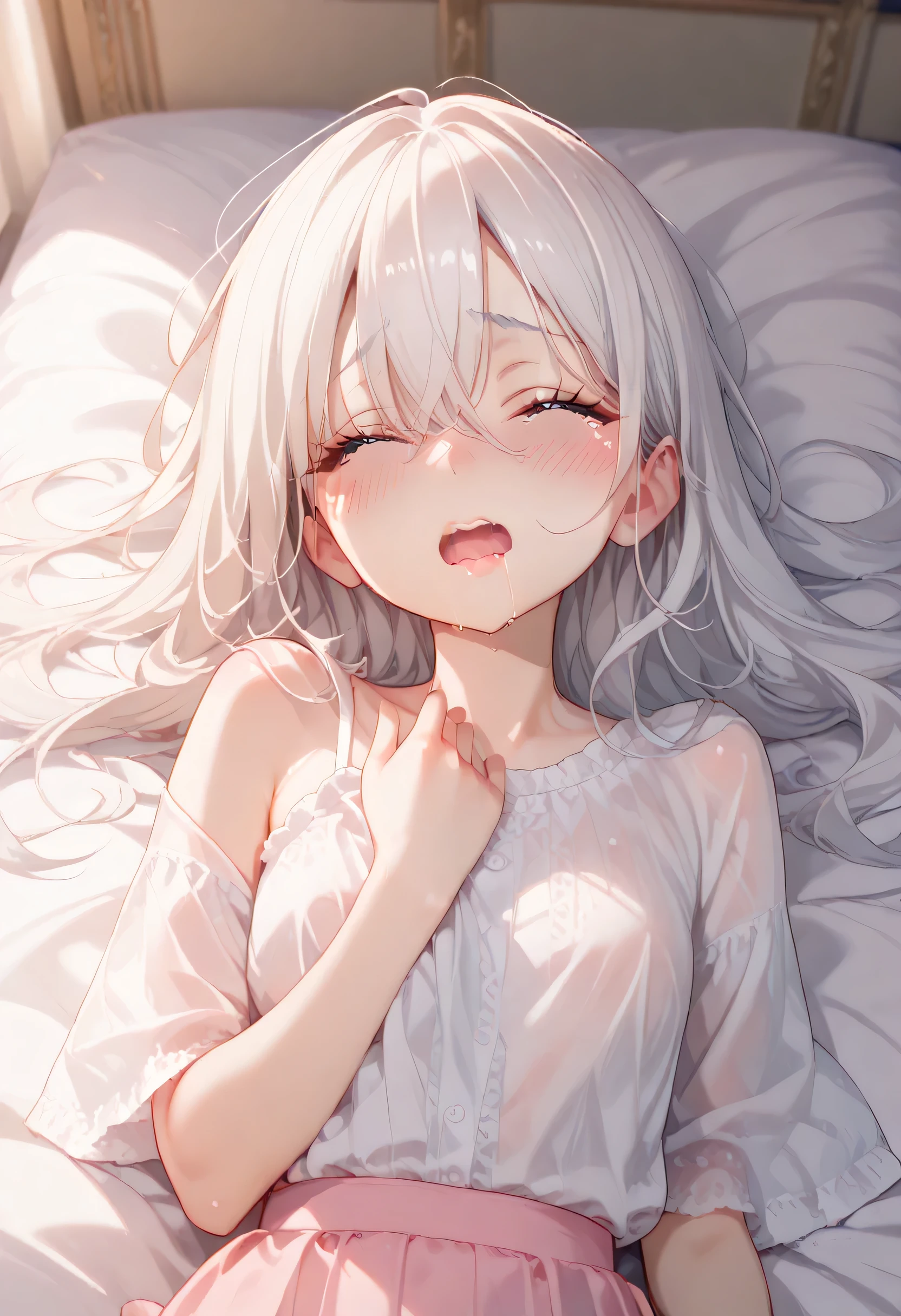 ((Girl with protruding ribs: 1.4), (Flat breasts: 1.3), (Skinny body: 1.3), blush, thick eyes, white hair, long hair, half twin, hair above one eye, disheveled hair, pastel clothes, large clothes, shy, wavy mouth, mouth open, lie on your back and raise your hand, 