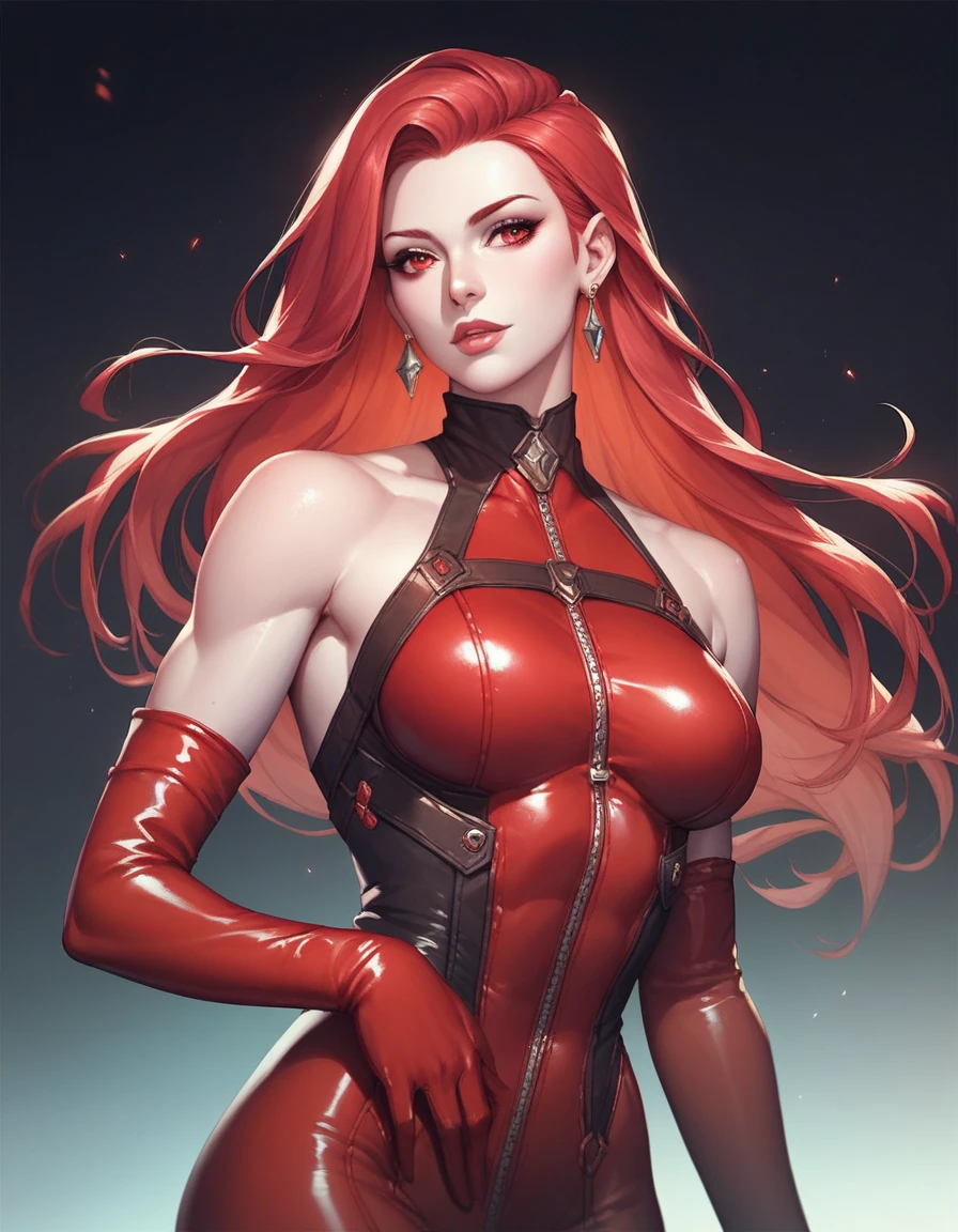 Adult woman, long bright red fiery hair, bright red fiery eyes, bright red fire dress, Tentacles made of magma, smirk, The Masterpiece, hig quality