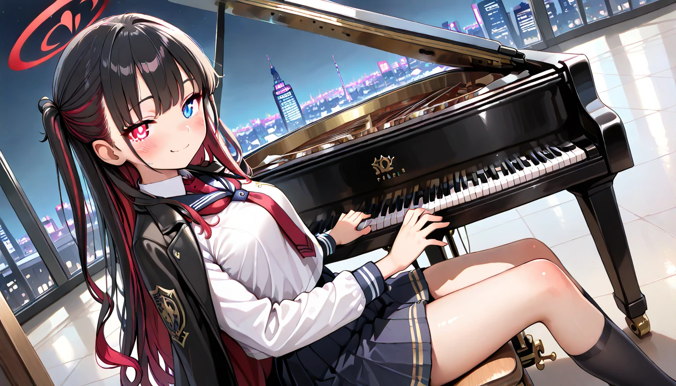 ((top quality)),((masterpiece)),((perfect face)),(ultra-detailed),ultra high res, 8k, 1girl, solo, streaked hair, glowing eyes, sitting, heterochromia, spotlight, rooftop, smug smile, dynamic angle, school uniform, night city, cape, grand piano, playing piano, anime style, exquisite, (very aesthetic:1.2), (absurdres:1.2), (detailed background),newest, perfect anatomy,