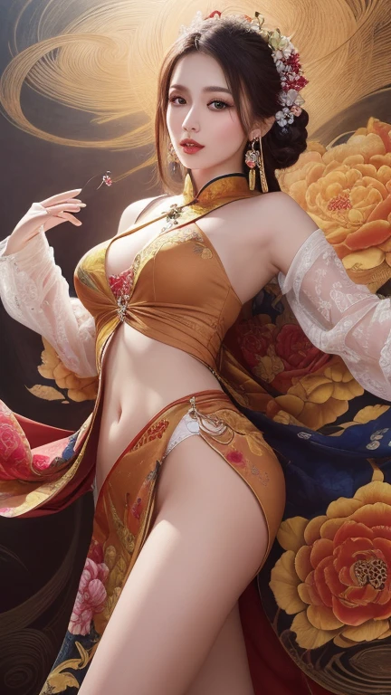 (tmasterpiece,quality,Best quality at best,offcial art,Beauty and aesthetics:1.2),(1 in ung women are dissatisfied with their,:1.3),(lewd poses,(Sexual suggestiveness),)The content very detailed,(s fractal art:1.1),(One color:1.1)(blooming flower:1.3),Most detailed,( tangled:1.2), (dynamicposes), (abstract backgrounds:1.3), (Chinese traditional fabric:1.2), (Glowing and radiant skin), (Lots of colors:1.4),, ,Delicate earrings,(耳Nipple Ring:1.4),(Decorative painting:1.6,), Lighting,Ink painting and watercolor,ink,water ink,