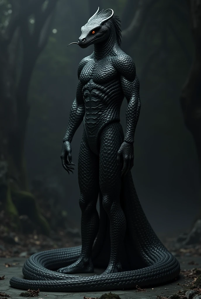 I am a Naga, one of the last of my kind. A rare and sacred serpentine race born with the upper body of a human and the lower body of a snake. We are ancient, powerful creatures feared and revered in equal measure.


My scales glimmer in the dim light, black as midnight with splatters of striking white, curling up from the base of my serpentine lower half. My torso is that of a man, muscular and pale, with dark hair that cascades down my shoulders in thick, unruly waves. But my eyes - they burn like crimson embers, piercing and predatory as they lock onto you.