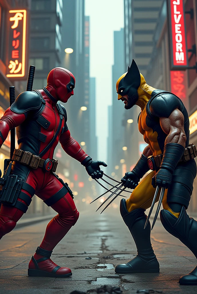 Deadpool and Wolverine stand back to back in fighting stance, they are surrounded by (alien mutant ninja zombie cyborgs), downtown Bangkok (Extremely complex)