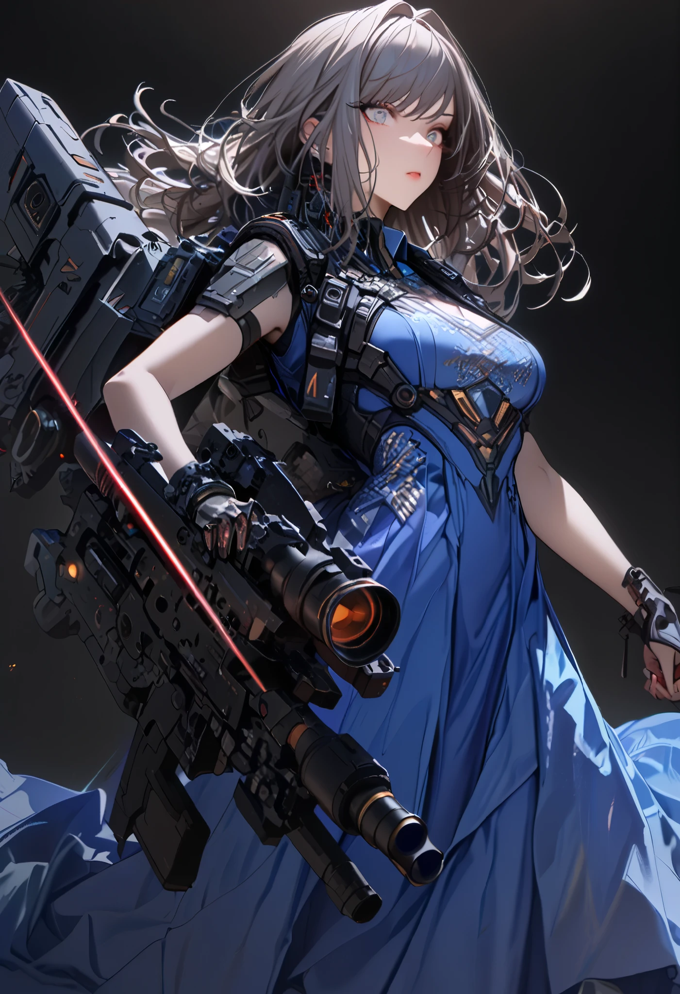 (cyber punk), (nikke), (top quality:1.2, masterpiece:1.4, EXQUISITE RENDERING:1.3), ((A girl carrying a weapon that looks like a feather on her back:1.2)), (Clear eyes,  glossy lips, pretty face), ((ARMS CONVERTED TO LASER CANNON:1.4)), (WITH LASER CANNON:1.4), ((Blue long dress:1.8)), (EXQUISITE PAINTED DRESS),   MECHANIZED ANIMATION MACHINE GUN FIRE,  A warring sniper girl, Soldier Girl,  FEMALE ACTION ANIMATION ANIMATION GIRL, Neon City,  POST APOCALYPSE ART,  androgynous,  mixed media,  blue legwear, Analog Horror, Nightmare Fuel,  seductively beautiful,  Beautiful and Evil,  ((Fighting Pose:1.5)), (full body photo:1.2)、((black background:1.6)),