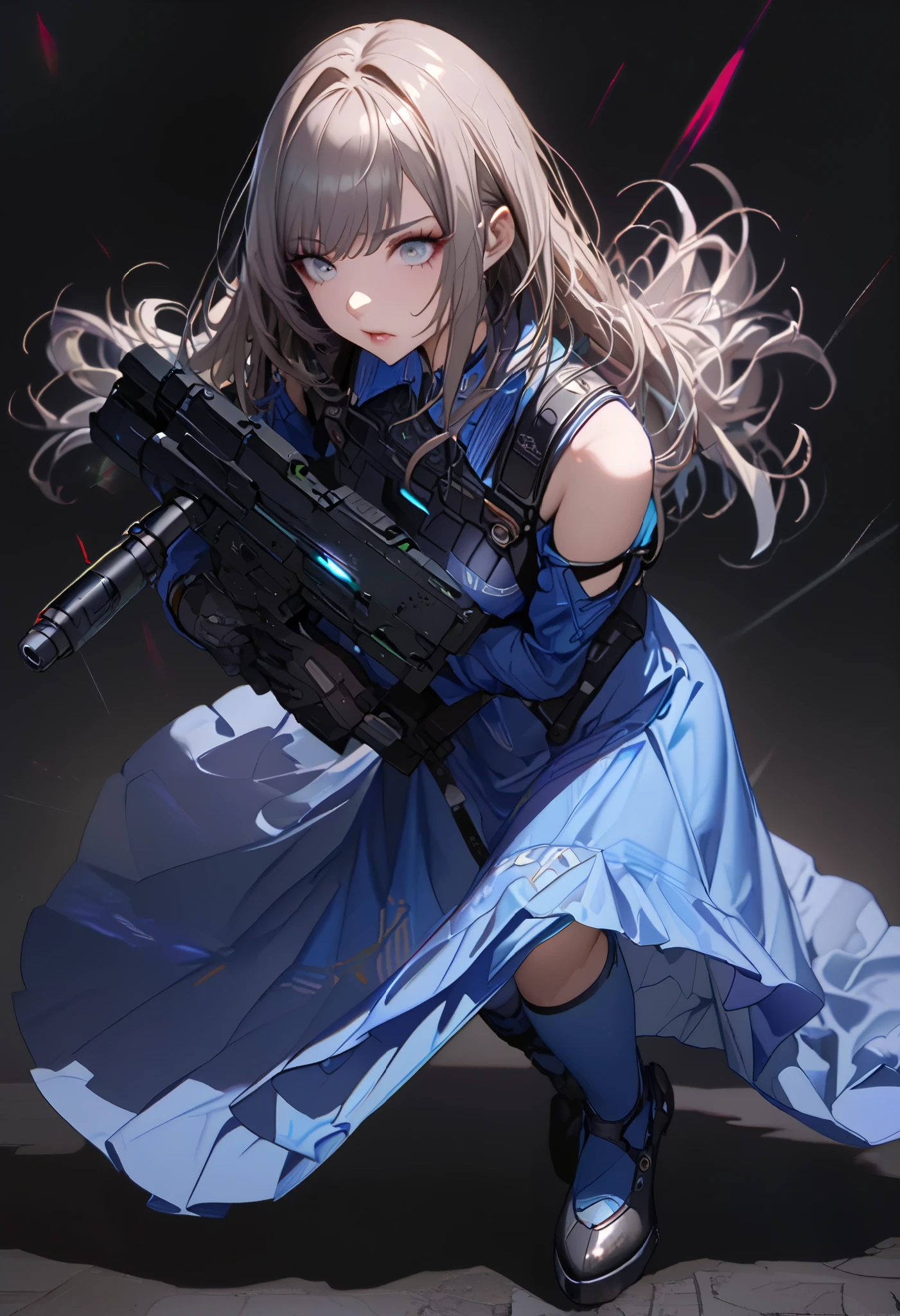 (cyber punk), (nikke), (top quality:1.2, masterpiece:1.4, EXQUISITE RENDERING:1.3), ((A girl carrying a weapon that looks like a feather on her back:1.2)), (Clear eyes,  glossy lips, pretty face), ((ARMS CONVERTED TO LASER CANNON:1.4)), (WITH LASER CANNON:1.4), ((Blue long dress:1.8)), (EXQUISITE PAINTED DRESS),   MECHANIZED ANIMATION MACHINE GUN FIRE,  A warring sniper girl, Soldier Girl,  FEMALE ACTION ANIMATION ANIMATION GIRL, Neon City,  POST APOCALYPSE ART,  androgynous,  mixed media,  blue legwear, Analog Horror, Nightmare Fuel,  seductively beautiful,  Beautiful and Evil,  ((Fighting Pose:1.5)), (full body photo:1.2)、((black background:1.6)),