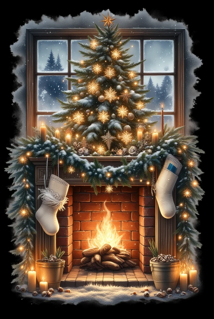 Room interior on the theme of New Year 
fireplace, carpet, decorations, decorations, snow outside the window, Christmas tree dressed up🎄, garland, beautiful, New Year mood,
realism, hyperrealism, detail, professional photo], high quality], hyperrealistic photo]