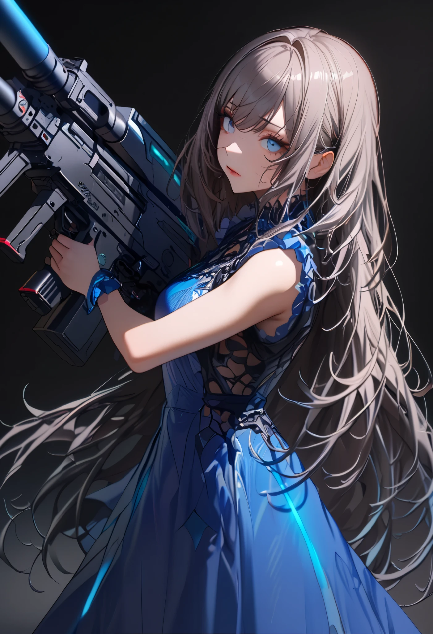 (cyber punk), (nikke), (top quality:1.2, masterpiece:1.4, EXQUISITE RENDERING:1.3), ((A girl carrying a weapon that looks like a feather on her back:1.2)), (Clear eyes,  glossy lips, pretty face), ((ARMS CONVERTED TO LASER CANNON:1.4)), (WITH LASER CANNON:1.4), ((Blue long dress:1.8)), (EXQUISITE PAINTED DRESS),   MECHANIZED ANIMATION MACHINE GUN FIRE,  A warring sniper girl, Soldier Girl,  FEMALE ACTION ANIMATION ANIMATION GIRL, Neon City,  POST APOCALYPSE ART,  androgynous,  mixed media,  blue legwear, Analog Horror, Nightmare Fuel,  seductively beautiful,  Beautiful and Evil,  ((Fighting Pose:1.5)), (full body photo:1.2)、((black background:1.6)),