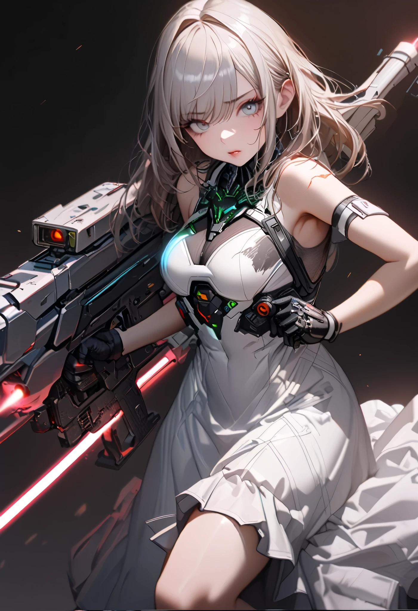 (cyber punk), (nikke), (top quality:1.2, masterpiece:1.4, EXQUISITE RENDERING:1.3), ((A girl carrying a weapon that looks like a feather on her back:1.2)), (Clear eyes,  glossy lips, pretty face), ((ARMS CONVERTED TO LASER CANNON:1.4)), (WITH LASER CANNON:1.4), ((White long dress:1.8)), (EXQUISITE PAINTED DRESS),   MECHANIZED ANIMATION MACHINE GUN FIRE,  A warring sniper girl, Soldier Girl,  FEMALE ACTION ANIMATION ANIMATION GIRL, Neon City,  POST APOCALYPSE ART,  androgynous,  mixed media,  blue legwear, Analog Horror, Nightmare Fuel,  seductively beautiful,  Beautiful and Evil,  ((Fighting Pose:1.5)), (full body photo:1.2)、((black background:1.6)),