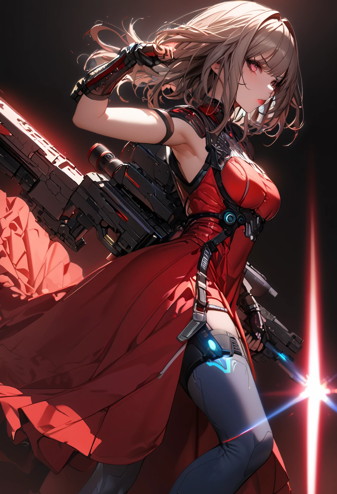 (cyber punk), (nikke), (top quality:1.2, masterpiece:1.4, EXQUISITE RENDERING:1.3), ((A girl carrying a weapon that looks like a feather on her back:1.2)), (Clear eyes,  glossy lips, pretty face), ((ARMS CONVERTED TO LASER CANNON:1.4)), (WITH LASER CANNON:1.4), ((RED long dress:1.8)), (EXQUISITE PAINTED DRESS),   MECHANIZED ANIMATION MACHINE GUN FIRE,  A warring sniper girl, Soldier Girl,  FEMALE ACTION ANIMATION ANIMATION GIRL, Neon City,  POST APOCALYPSE ART,  androgynous,  mixed media,  blue legwear, Analog Horror, Nightmare Fuel,  seductively beautiful,  Beautiful and Evil,  ((Fighting Pose:1.5)), (full body photo:1.2)、((black background:1.6)),