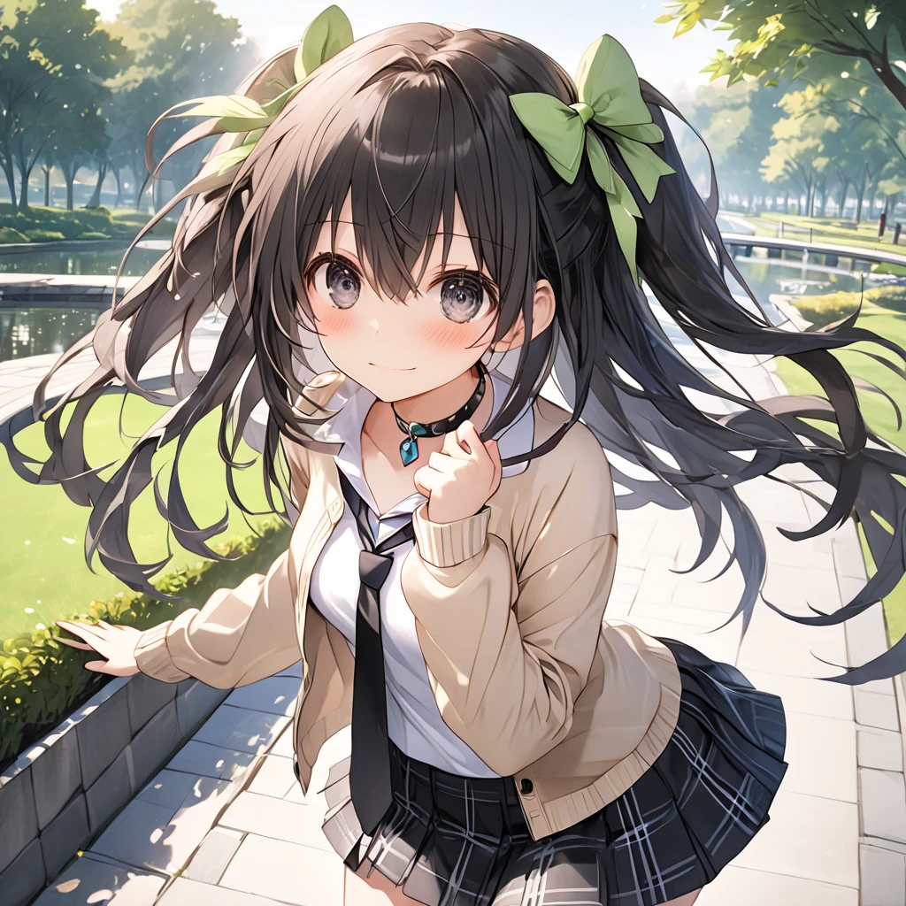 ( 1 girl),IF \(Neptunia )\, black hair, long hair, black eyes, green bow, ribbon, one side up,choker, embarrassed face、blush, (long sidelocks:1.5), ( small tits:1.5),(closed beige cardigan:1.5)、(Regular black tie :1.5)、( black plaid mini skirt:1.5),(Thighs:1.5),(Flying Pose:1.5),Park Walkway、In front of the pond:1.5、front、 Cowboy Shot 、( perfect anatomy ),( best quality), ( ultra hi-res), (超 high definition ), ( Highly Detailed CG), (32K), (masterpiece)、eyesHD