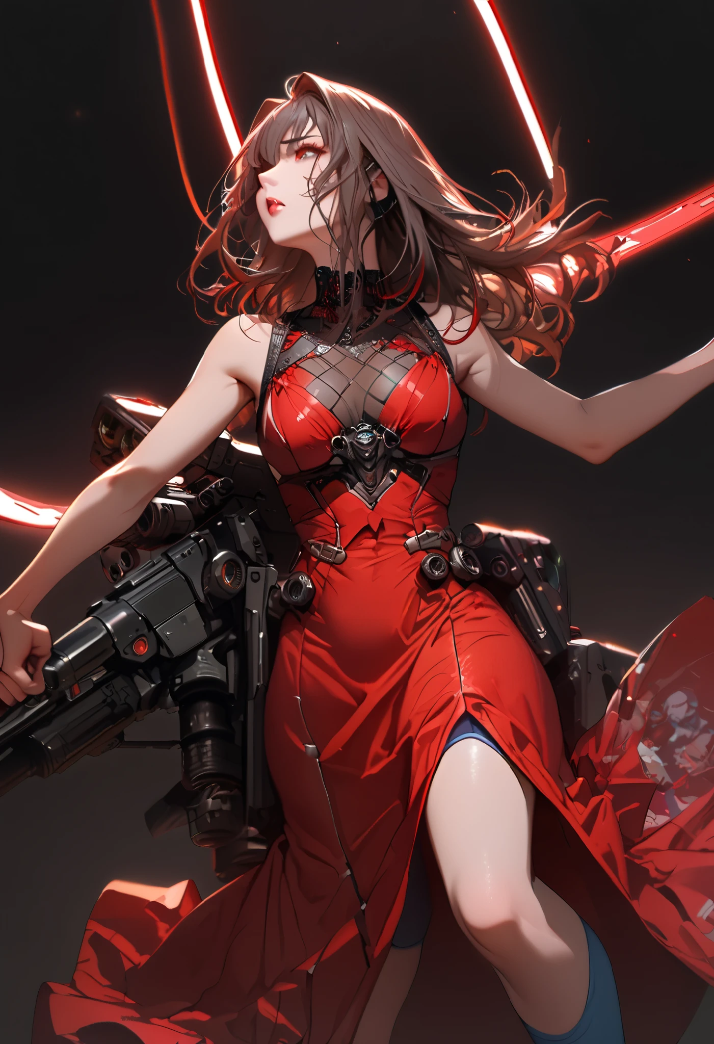 (cyber punk), (nikke), (top quality:1.2, masterpiece:1.4, EXQUISITE RENDERING:1.3), ((A girl carrying a weapon that looks like a feather on her back:1.2)), (Clear eyes,  glossy lips, pretty face), ((ARMS CONVERTED TO LASER CANNON:1.4)), (WITH LASER CANNON:1.4), ((RED long dress:1.8)), (EXQUISITE PAINTED DRESS),   MECHANIZED ANIMATION MACHINE GUN FIRE,  A warring sniper girl, Soldier Girl,  FEMALE ACTION ANIMATION ANIMATION GIRL, Neon City,  POST APOCALYPSE ART,  androgynous,  mixed media,  blue legwear, Analog Horror, Nightmare Fuel,  seductively beautiful,  Beautiful and Evil,  ((Fighting Pose:1.5)), (full body photo:1.2)、((black background:1.6)),