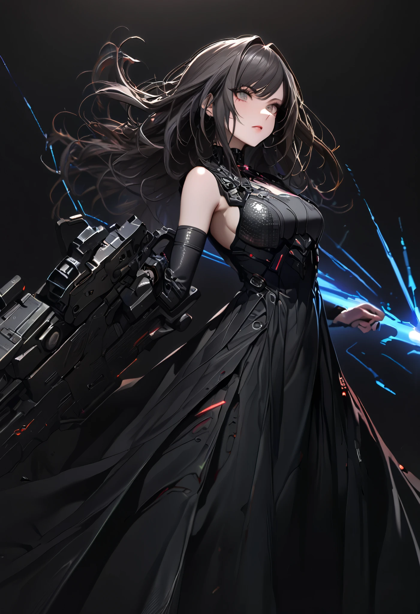 (cyber punk), (nikke), (top quality:1.2, masterpiece:1.4, EXQUISITE RENDERING:1.3), ((A girl carrying a weapon that looks like a feather on her back:1.2)), (Clear eyes,  glossy lips, pretty face), ((ARMS CONVERTED TO LASER CANNON:1.4)), (WITH LASER CANNON:1.4), ((black long dress:1.8)), (EXQUISITE PAINTED DRESS),   MECHANIZED ANIMATION MACHINE GUN FIRE,  A warring sniper girl, Soldier Girl,  FEMALE ACTION ANIMATION ANIMATION GIRL, Neon City,  POST APOCALYPSE ART,  androgynous,  mixed media,  blue legwear, Analog Horror, Nightmare Fuel,  seductively beautiful,  Beautiful and Evil,  ((Fighting Pose:1.5)), (full body photo:1.2)、((black background:1.6)),