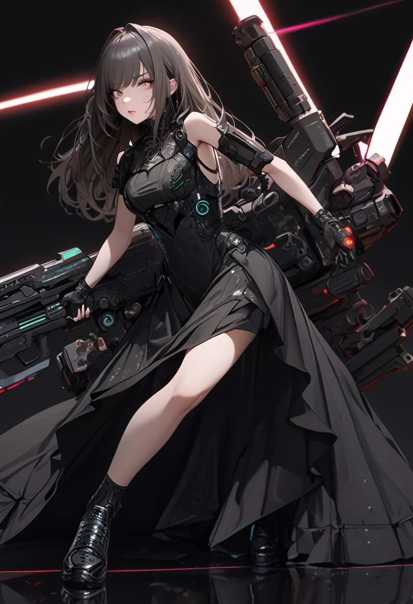 (cyber punk), (nikke), (top quality:1.2, masterpiece:1.4, EXQUISITE RENDERING:1.3), ((A girl carrying a weapon that looks like a feather on her back:1.2)), (Clear eyes,  glossy lips, pretty face), ((ARMS CONVERTED TO LASER CANNON:1.4)), (WITH LASER CANNON:1.4), ((black long dress:1.8)), (EXQUISITE PAINTED DRESS),   MECHANIZED ANIMATION MACHINE GUN FIRE,  A warring sniper girl, Soldier Girl,  FEMALE ACTION ANIMATION ANIMATION GIRL, Neon City,  POST APOCALYPSE ART,  androgynous,  mixed media,  blue legwear, Analog Horror, Nightmare Fuel,  seductively beautiful,  Beautiful and Evil,  ((Fighting Pose:1.5)), (full body photo:1.2)、((black background:1.6)),