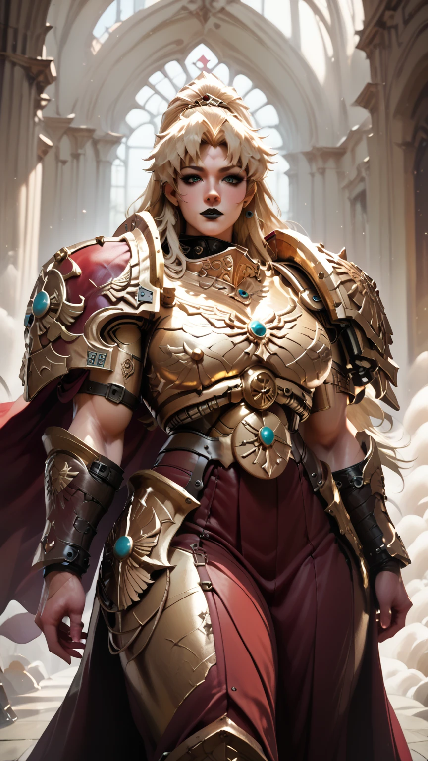 GothMakeup ,MuscleBae, slimes_balalaika ,scar ,blonde hair, Female Adeptus custodes, adeptus custodes, golden armor, wh40k, red cape, winged armor, gold armor, Armor fully covering