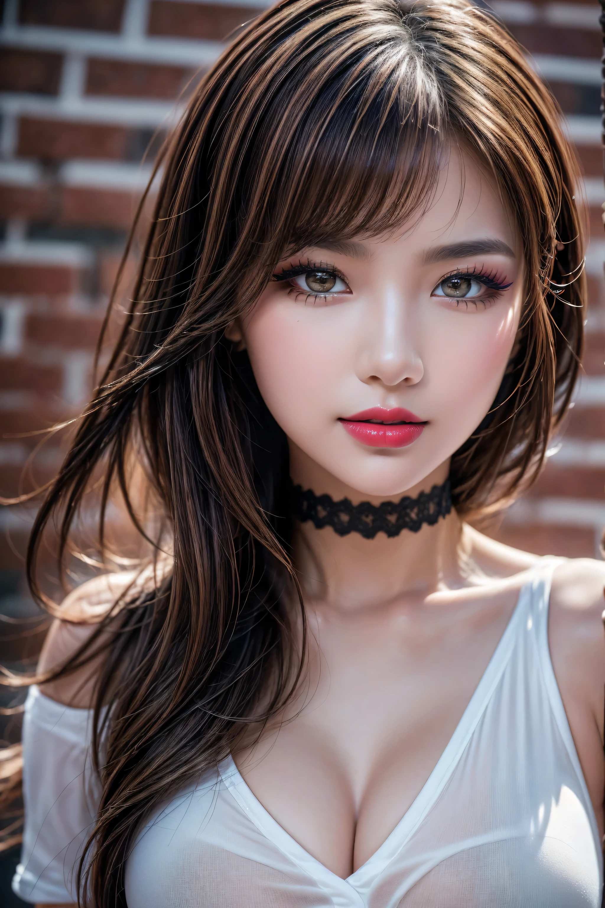 photorealism 16K realism, (Hyper-realistic proportional body, anatomically correct:1.3), ((ultra-fine digital art)), ((the most absurd quality perfect eyes)), ((intricately detailed beautiful face)), (light pale complexion). BREAK, (high detailed Super beautiful slim and sharp-face), (best, highest detailed realistic brown_eyes), (light pale complexion), (Insanely realistic sharp-eyes)), ((stunningly realistic eyes)), ((finely detailed pupils:1.4)), pink_makeup:1.3, (red_lipstick:1.25), long_blue_eyeliner:1.35, (perfect dark_eyeshadows:1.35), (super detailed makeup on eyes:1.3), (best high quality real texture skin:1.3),((ebony skin female:1.2)),(best quality texture hair:1.4),((light red short hair((bangs combed to the side)), extremely detailed:1.4)), beautiful cheekbones, dramatic lighting, ((perfect composition)), pale skin, ((dry skin)), (((sexy stylish Korean model))), only 1 female, ((sexy doll-like appearance)), ((long pink stylish hair:1.3)), ((sexy Lolita cosplay:1.3)), unconventional skirt, petticoats, (((high neckline))), (ultra details lace), (((detailed embroidery))), (Intricately detailed workmanship), ((transparent PVC in the shade of ORANGE)), ((Shiny ORANGE Transparent Holographic Full Bodysuit: 1.3)), cinematic light, detailed background of a large park with trees, dynamic pose, ((no decorations in the hair)), (dark shot:1.1), (firm normal full breasts),