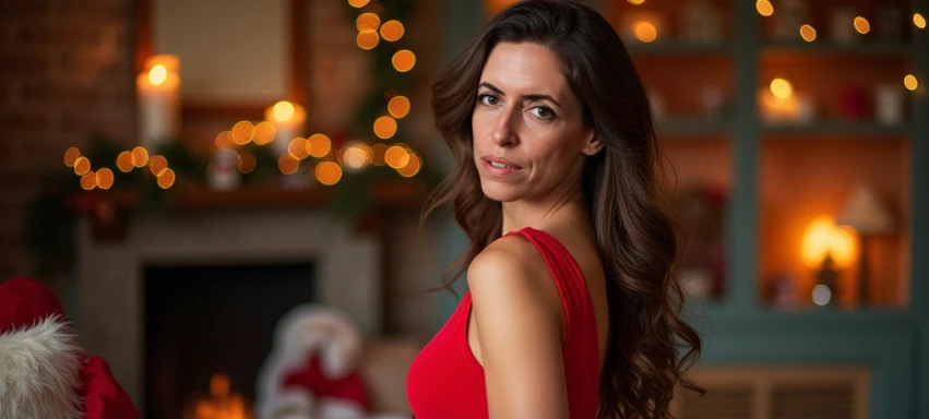 ((1 Spanish girl)), (Laia Manzanares) (35 years old), Ethereal beauty, beautiful eyes, flirtatious smileLong, slick hair, muscularly trained body, its chrismas and you sit under the tree, best quality, photorealestic, 8K, high resolution, Ultra-realistic, detailed skin, 8K uhd, dslr, Sanftes Lichting, good quality, film grain, Fujifilm XT3